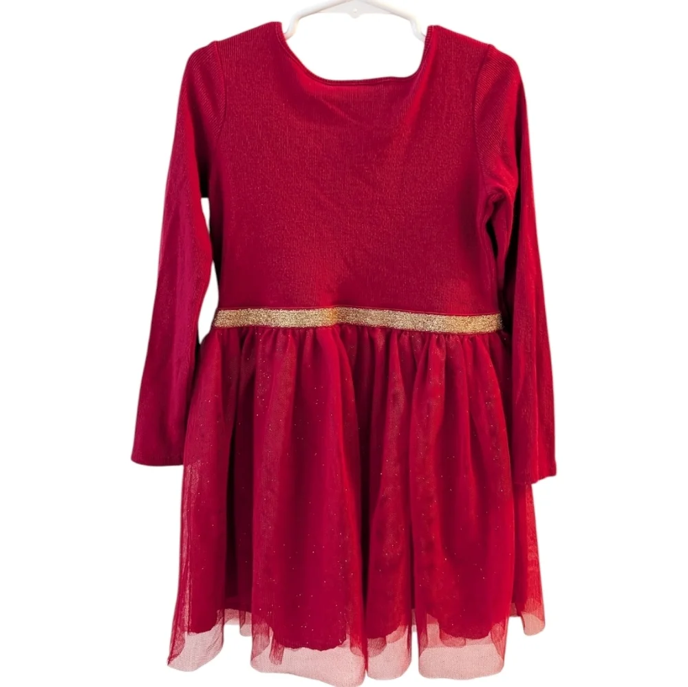 The Children's Place Red Long Sleeve Tulle Waist Dress with Gold Belt Size 5T - Picture 4 of 10